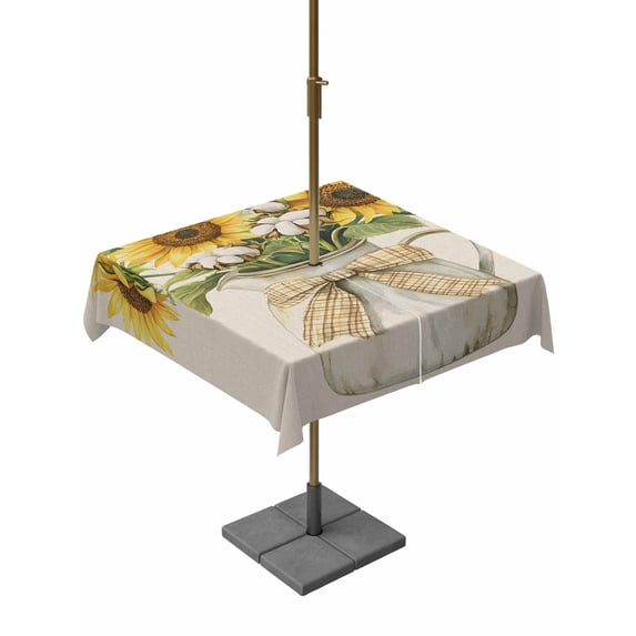 Square Outdoor Tablecloth with Umbrella Hole Sunflower Outside Table Cloth Waterproof Patio Table Cover Farm Plant Vintage Floral Watercolor Beige Zipper Tablecloths for Picnic Camping 60x60 Inch