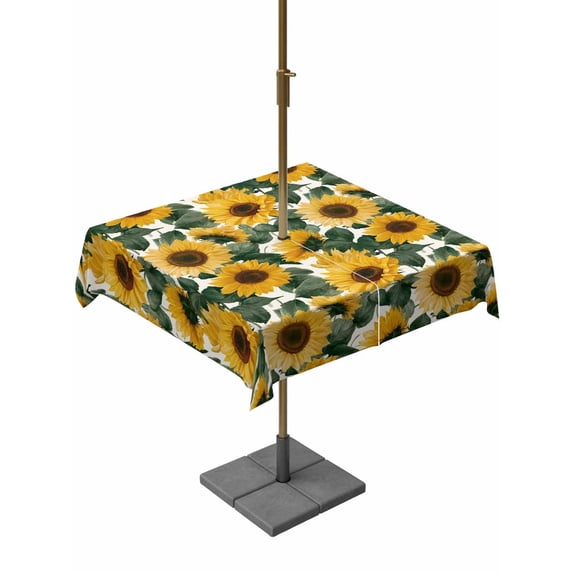 Square Outdoor Tablecloth with Umbrella Hole Sunflower Outside Table Cloth Waterproof Patio Table Cover Vintage Spring Floral Botanical Yellow Green Zipper Tablecloths for Picnic Camping 60x60 Inch