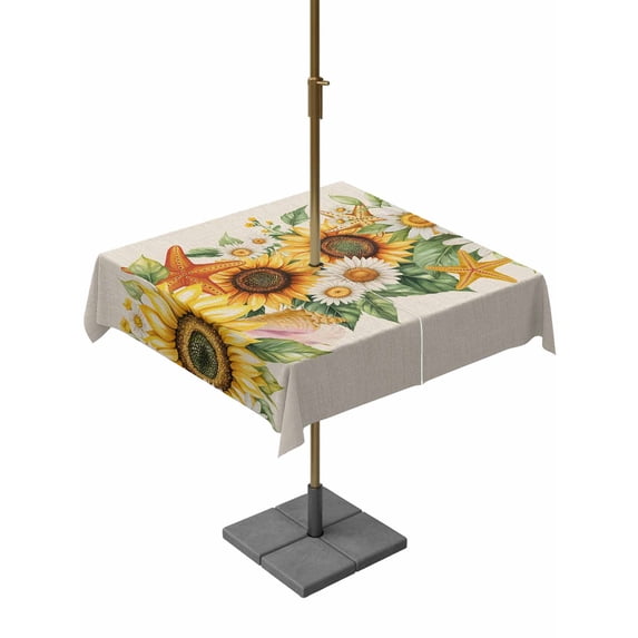 Square Outdoor Tablecloth with Umbrella Hole Sunflower Outside Table Cloth Waterproof Patio Table Cover Yellow Summer Floral Pastoral Rustic Zipper Tablecloths for Picnic Party Camping 54x54 Inch