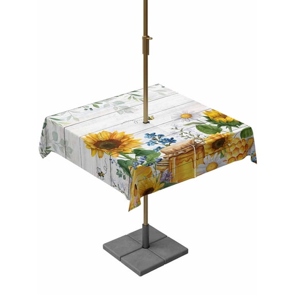 Square Outdoor Tablecloth with Umbrella Hole Sunflowers Outside Table Cloth Waterproof Patio Table Cover Floral Green Leaves Bees Watercolor Wooden Zipper Tablecloths for Picnic Camping 54x54 Inch