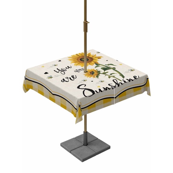 Square Outdoor Tablecloth with Umbrella Hole Sunflowers Outside Table Cloth Waterproof Patio Table Cover Yellow Floral Watercolor Botanical Checkered Rustic Zipper Tablecloths for Picnic 60x60 Inch