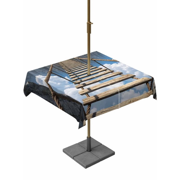 Square Outdoor Tablecloth with Umbrella Hole Suspension Bridge Outside Table Cloth Waterproof Patio Table Cover Cloudscape Mountain Peaks Zipper Tablecloths for Picnic Party Camping 54x54 Inch