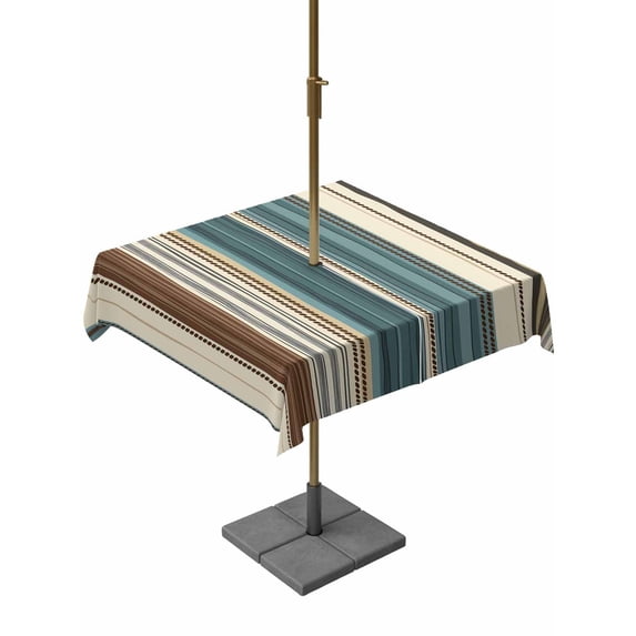 Square Outdoor Tablecloth with Umbrella Hole Teal Boho Stripes Outside Table Cloth Waterproof Patio Table Cover Modern Bohemia Brown Beige Texture Zipper Tablecloths for Picnic Camping 54x54 Inch