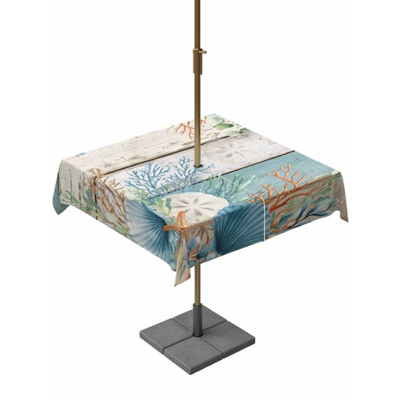 Square Outdoor Tablecloth with Umbrella Hole Teal Brown Beach Coastal Table Cloth Waterproof Patio Table Cover Summer Nautical Coral Shell Botanical Vintage Zipper Tablecloths for Picnic 54x54 Inch