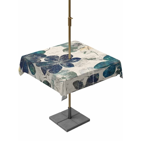Square Outdoor Tablecloth with Umbrella Hole Teal Green Leaves Outside Table Cloth Waterproof Patio Table Cover Vintage Shabby Botanical Zipper Tablecloths for Picnic Party Camping 60x60 Inch