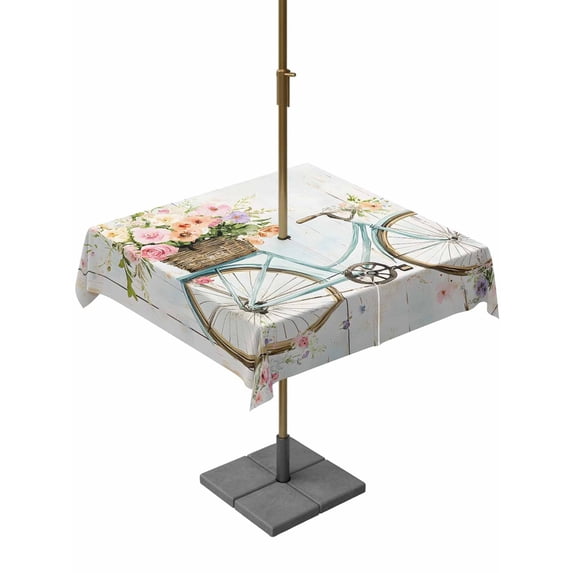 Square Outdoor Tablecloth with Umbrella Hole Vintage Floral Bicycle Outside Table Cloth Waterproof Patio Table Cover Spring Farmhouse Bird Wood Zipper Tablecloths for Picnic Party Camping 54x54 Inch