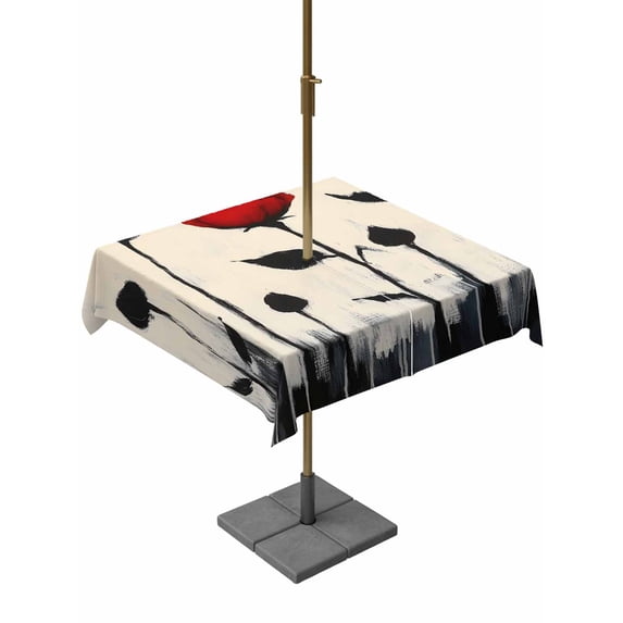 Square Outdoor Tablecloth with Umbrella Hole Vintage Floral Outside Table Cloth Waterproof Patio Table Cover Spring Farmhouse Abstract Red Flowers Zipper Tablecloths for Picnic Camping 54x54 Inch