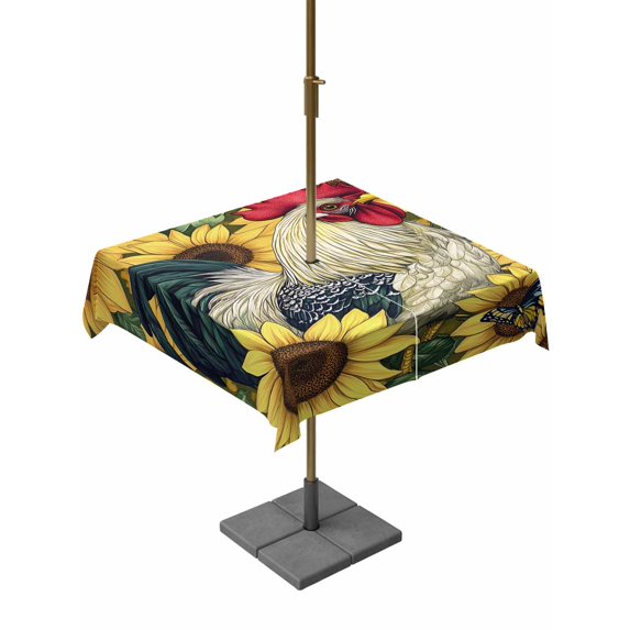 Square Outdoor Tablecloth with Umbrella Hole Vintage Rooster Outside Table Cloth Waterproof Patio Table Cover Watercolor Farmhouse Sunflower Animals Zipper Tablecloths for Picnic Camping 60x60 Inch