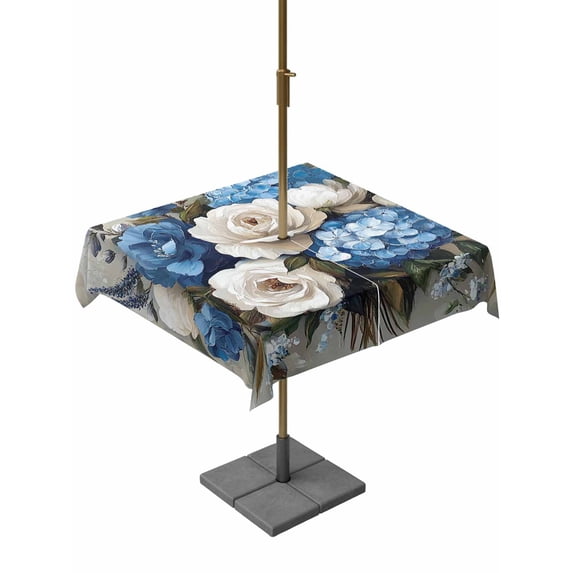 Square Outdoor Tablecloth with Umbrella Hole White Blue Spring Floral Outside Table Cloth Waterproof Patio Table Cover Pastoral Flowers Vintage Zipper Tablecloths for Picnic Party Camping 60x60 Inch