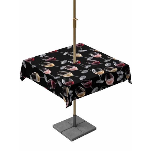 Square Outdoor Tablecloth with Umbrella Hole Wine Glass Outside Table Cloth Waterproof Patio Table Cover Country Retro Romantic Glasses Black Zipper Tablecloths for Picnic Party Camping 54x54 Inch
