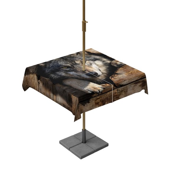Square Outdoor Tablecloth with Umbrella Hole Wolf Head Outside Table Cloth Waterproof Patio Table Cover Wood Planks Animal Intense Eyes Zipper Tablecloths for Picnic Party Camping 54x54 Inch
