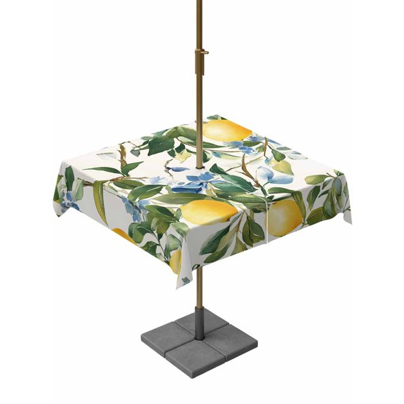 Square Outdoor Tablecloth with Umbrella Hole Yellow Lemon Outside Table Cloth Waterproof Patio Table Cover Green Leaf Blue Flower Tropical Fruit Zipper Tablecloths for Picnic Party Camping 54x54 Inch