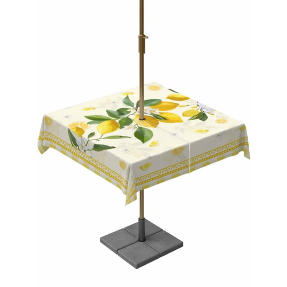 Square Outdoor Tablecloth with Umbrella Hole Yellow Lemons Outside Table Cloth Waterproof Patio Table Cover Summer Botanical Checkered Farmhouse Zipper Tablecloths for Picnic Party Camping 60x60 Inch