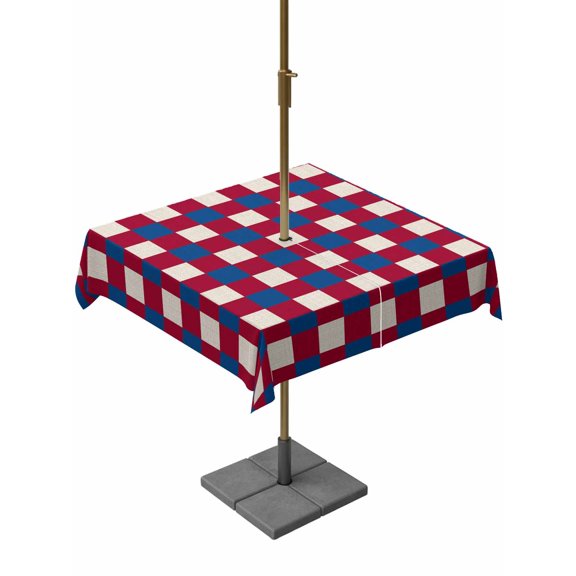 Square Outdoor Tablecloth With Umbrella Hole And Zipper– Abstract Modern Waterproof Patio Table Cover for Party, Picnic, Backyard, 54"x54" , 4th of July Checkered Red Navy Blue White