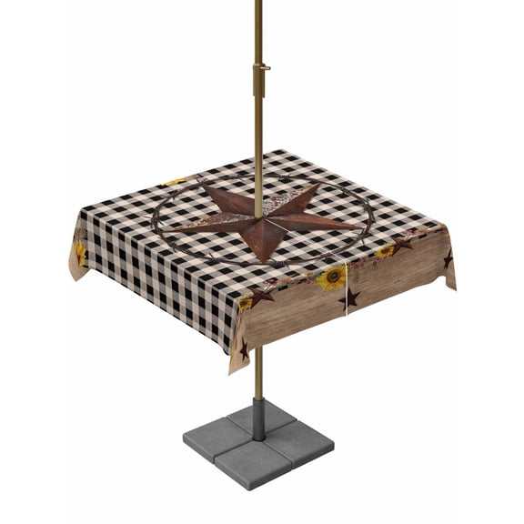 Square Outdoor Tablecloth With Umbrella Hole And Zipper– Farmhouse Barn Star Waterproof Patio Table Cover for Party, Picnic, Backyard, 54"x54" , Vintage Wood Texture Sunflower Brown