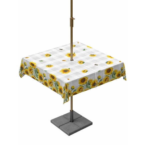 Square Outdoor Tablecloth With Umbrella Hole And Zipper– Farmhouse Sunflowers Floral Print Waterproof Patio Table Cover for Party, Picnic, Backyard, 54"x54" , White Gray Plaid