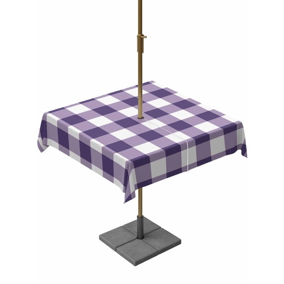 Square Outdoor Tablecloth With Umbrella Hole And Zipper– Farmhouse Vintage Waterproof Patio Table Cover for Party, Picnic, Backyard, 54"x54" , Gingham Checkered Texture Purple White
