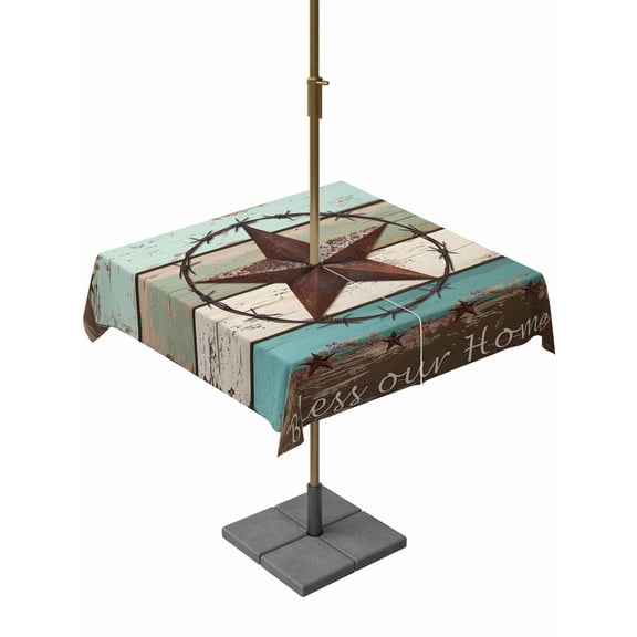 Square Outdoor Tablecloth With Umbrella Hole And Zipper– Farmhouse Waterproof Patio Table Cover for Party, Picnic, Backyard, 54"x54" , Wood Texture Barn Star Brown Turquoise