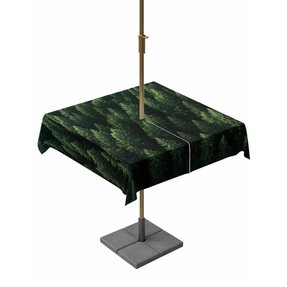 Square Outdoor Tablecloth With Umbrella Hole And Zipper– Green Botanical&nbsp;Pine Trees Waterproof Patio Table Cover for Party, Picnic, Backyard, 54"x54" , Vintage Nature Winter Forest