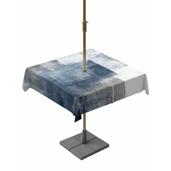 Square Outdoor Tablecloth With Umbrella Hole And Zipper– Navy Blue Grey Abstract Paint Waterproof Patio Table Cover for Party, Picnic, Backyard, 54"x54" , Modern Rustic Graffiti