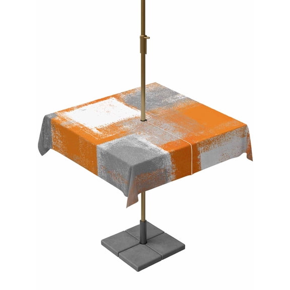 Square Outdoor Tablecloth With Umbrella Hole And Zipper– Orange Grey Abstract Paint Waterproof Patio Table Cover for Party, Picnic, Backyard, 54"x54" , Modern Rustic Graffiti