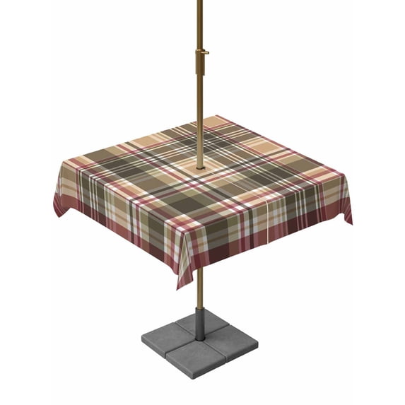 Square Outdoor Tablecloth With Umbrella Hole And Zipper– Red Brown Plaid Waterproof Patio Table Cover for Party, Picnic, Backyard, 60"x60" , Country Farmhouse Checkered