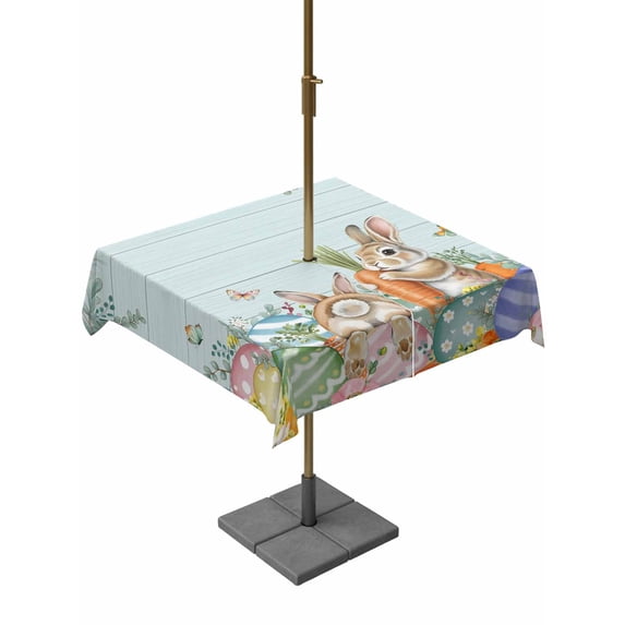 Square Outdoor Tablecloth With Umbrella Hole And Zipper– Rustic Floral Easter Waterproof Patio Table Cover for Party, Picnic, Backyard, 54"x54" , Funny Bunny Tails Color Eggs Light Blue