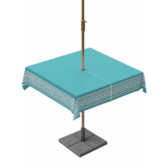 Square Outdoor Tablecloth With Umbrella Hole And Zipper– Turquoise White Greek Key Pattern Waterproof Patio Table Cover for Party, Picnic, Backyard, 60"x60" , Geometric Modern