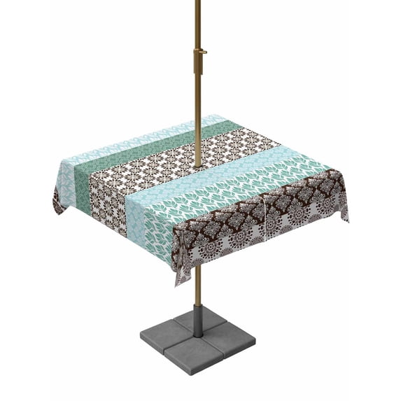 Square Outdoor Tablecloth With Umbrella Hole And Zipper– Vintage Boho Geometric Stripes Waterproof Patio Table Cover for Party, Picnic, Backyard, 60"x60" , Turquoise
