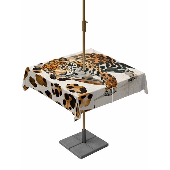 Square Outdoor Tablecloth With Umbrella Hole And Zipper– Watercolor Animal Waterproof Patio Table Cover for Party, Picnic, Backyard, 54"x54" , Retro Stitching Leopard Print Brown
