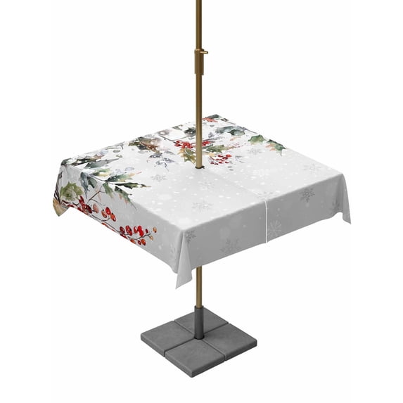 Square Outdoor Tablecloth With Umbrella Hole And Zipper– Watercolor Vintage Christmas Branch Waterproof Patio Table Cover for Party, Picnic, Backyard, 54"x54" , Winter Holly Berry