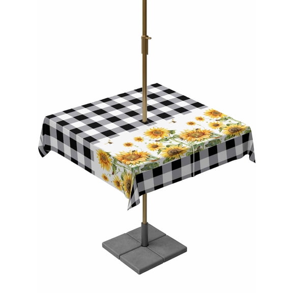 Square Outdoor Tablecloth With Umbrella Hole And Zipper– Yellow Farmhouse Sunflowers Waterproof Patio Table Cover for Party, Picnic, Backyard, 54"x54" , Retro Black White Check Plaid