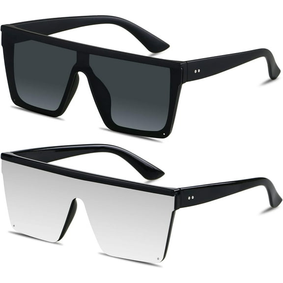 Square Oversized Sunglasses for Women Men Big Flat Top Fashion Shield Large UV Protection Rimless Shades-(2pack) Matte Black + Silver