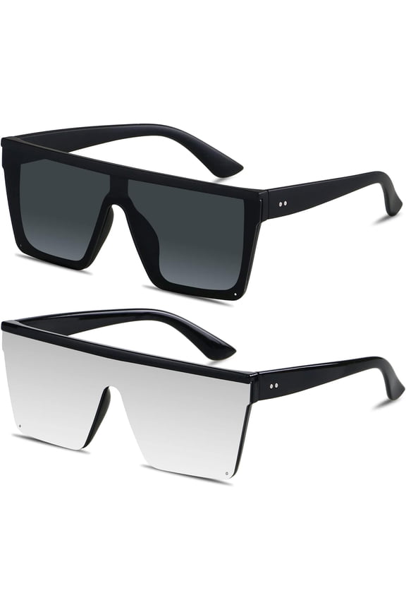 Square Oversized Sunglasses for Women Men Big Flat Top Fashion Shield Large UV Protection Rimless Shades-(2pack) Matte Black + Silver