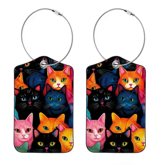Square PU Leather 2 Pack Travel Tag - Bag Tag - Suitcase Tag with Privacy Cover and Stainless Steel Ring - Suitable for Travel, Backpack, and Handbag Cartoon Cat