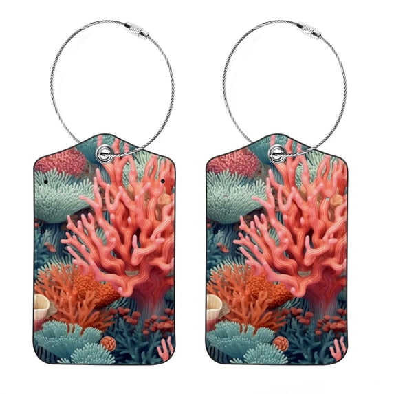 Square PU Leather 2 Pack Travel Tag - Bag Tag - Suitcase Tag with Privacy Cover and Stainless Steel Ring - Suitable for Travel, Backpack, and Handbag Coral