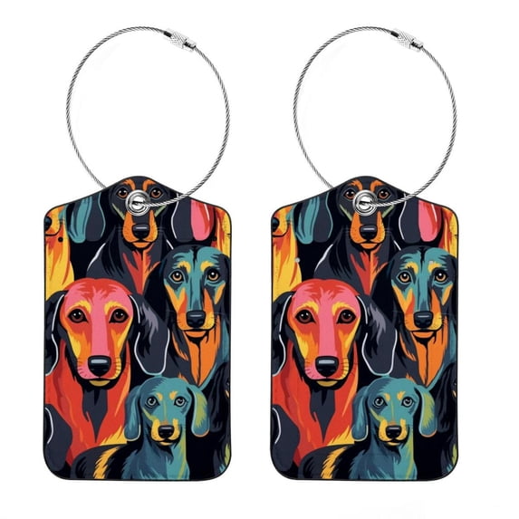 Square PU Leather 2 Pack Travel Tag - Bag Tag - Suitcase Tag with Privacy Cover and Stainless Steel Ring - Suitable for Travel, Backpack, and Handbag Dachshund