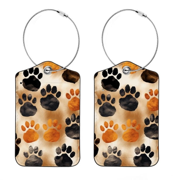 Square PU Leather 2 Pack Travel Tag - Bag Tag - Suitcase Tag with Privacy Cover and Stainless Steel Ring - Suitable for Travel, Backpack, and Handbag Dog Paw Prints