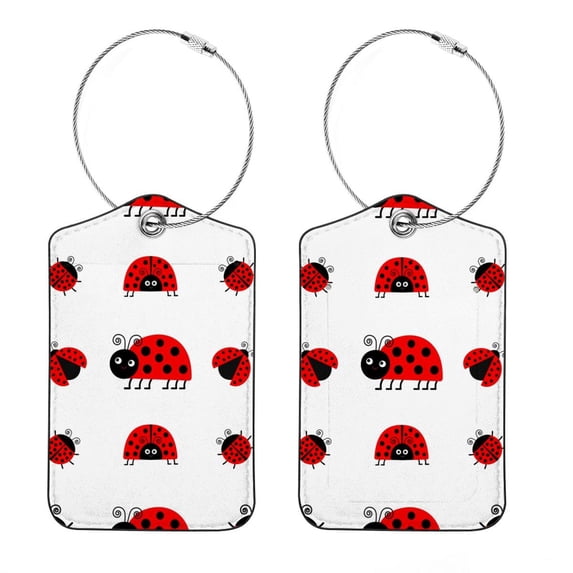 Square PU Leather 2 Pack Travel Tag - Bag Tag - Suitcase Tag with Privacy Cover and Stainless Steel Ring - Suitable for Travel, Backpack, and Handbag Ladybug Ladybird