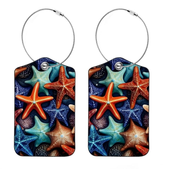 Square PU Leather 2 Pack Travel Tag - Bag Tag - Suitcase Tag with Privacy Cover and Stainless Steel Ring - Suitable for Travel, Backpack, and Handbag Starfish