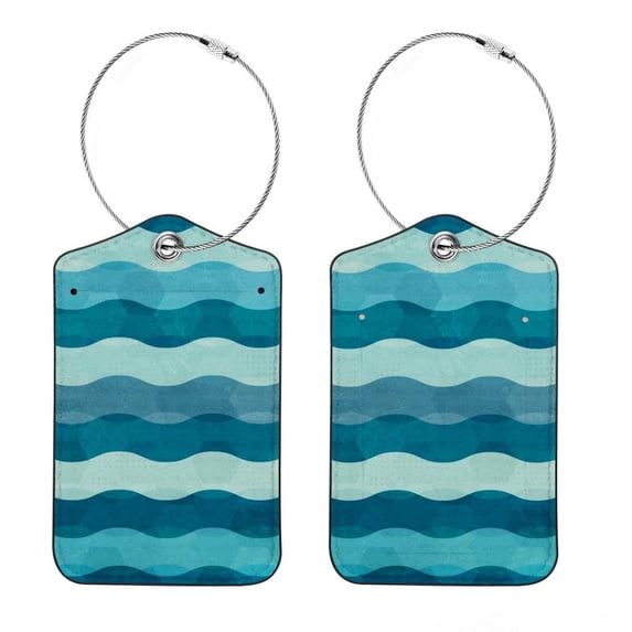 Square PU Leather 2 Pack Travel Tag - Bag Tag - Suitcase Tag with Privacy Cover and Stainless Steel Ring - Suitable for Travel, Backpack, and Handbag Waves on the Beach