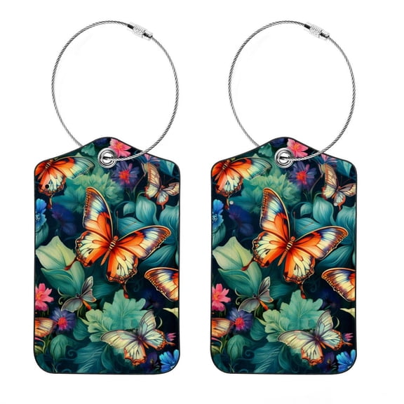 Square PU Leather 2 Pack Travel Tag - Bag Tag - Suitcase Tag with Privacy Cover and Stainless Steel Ring - Suitable for Travel, Backpack, and Handbag Butterfly