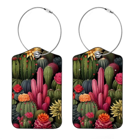 Square PU Leather 2 Pack Travel Tag - Bag Tag - Suitcase Tag with Privacy Cover and Stainless Steel Ring - Suitable for Travel, Backpack, and Handbag Cactus