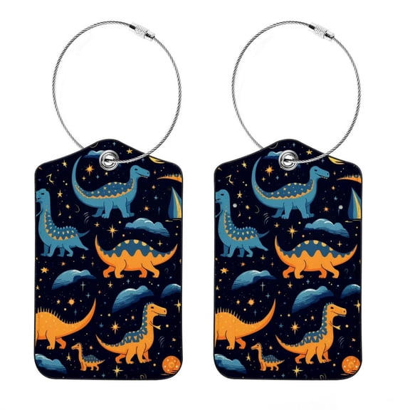 Square PU Leather 2 Pack Travel Tag - Bag Tag - Suitcase Tag with Privacy Cover and Stainless Steel Ring - Suitable for Travel, Backpack, and Handbag Cartoon Dinosaur