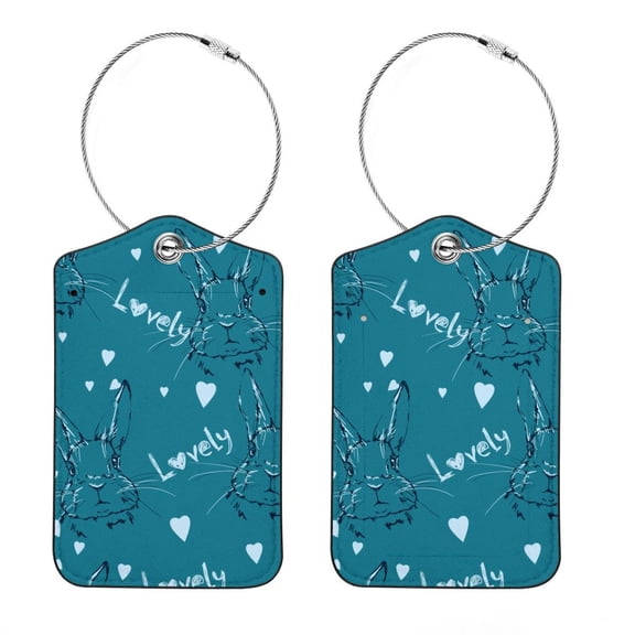 Square PU Leather 2 Pack Travel Tag - Bag Tag - Suitcase Tag with Privacy Cover and Stainless Steel Ring - Suitable for Travel, Backpack, and Handbag Cute Hares