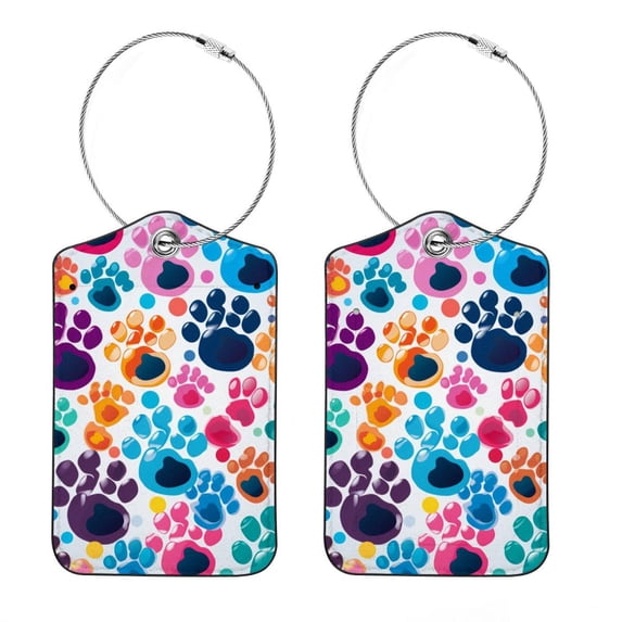 Square PU Leather 2 Pack Travel Tag - Bag Tag - Suitcase Tag with Privacy Cover and Stainless Steel Ring - Suitable for Travel, Backpack, and Handbag Dog Paw Prints