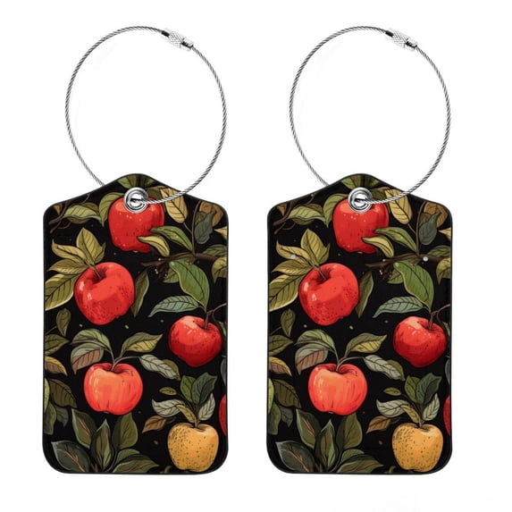 Square PU Leather 2 Pack Travel Tag - Bag Tag - Suitcase Tag with Privacy Cover and Stainless Steel Ring - Suitable for Travel, Backpack, and Handbag Fruit