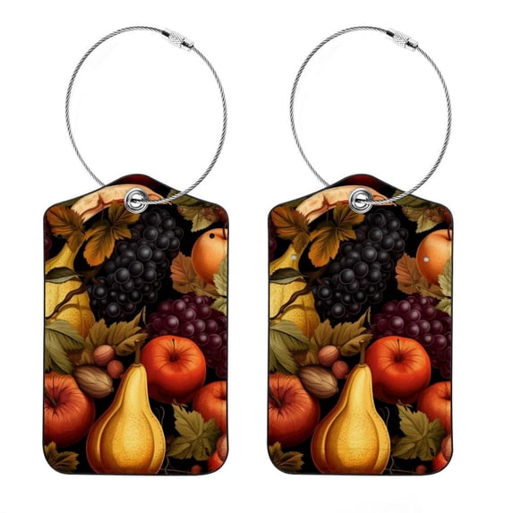 Square PU Leather 2 Pack Travel Tag - Bag Tag - Suitcase Tag with Privacy Cover and Stainless Steel Ring - Suitable for Travel, Backpack, and Handbag Fruit
