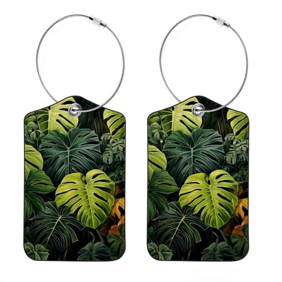Square PU Leather 2 Pack Travel Tag - Bag Tag - Suitcase Tag with Privacy Cover and Stainless Steel Ring - Suitable for Travel, Backpack, and Handbag Tropical Leaves