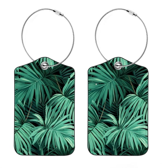 Square PU Leather 2 Pack Travel Tag - Bag Tag - Suitcase Tag with Privacy Cover and Stainless Steel Ring - Suitable for Travel, Backpack, and Handbag Tropical Leaves